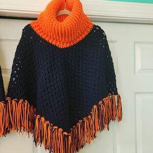 Navy and Orange Knit Poncho with Fringe
